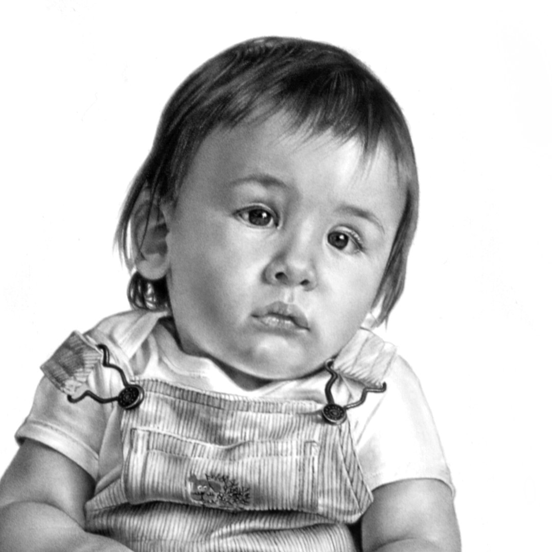 Drawing in pencil of a toddler sitting with his bottle of milk