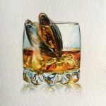 watercolour painting showing a glass of whiskey wit a mussel inside