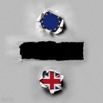 An graphic showing the division sign using both the EU and UK flags as the colons. Instead of Fraction bar, it is titled Friction Bar