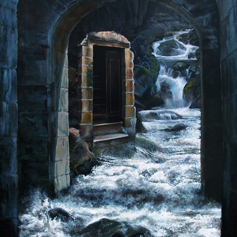 A painting showing a river torrent running through stone arches