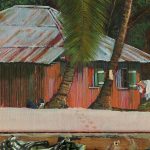 Detail of oil painting showing a man lying down on a beach beneath a palm tree, reading a book. Footprints in the sand also