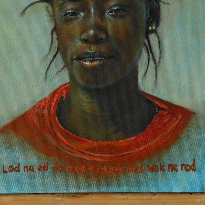 Lod Na Ed is an oil painting of an African lady carrying African material on her head.  The title is in Krio and it means, Worries of the Mind