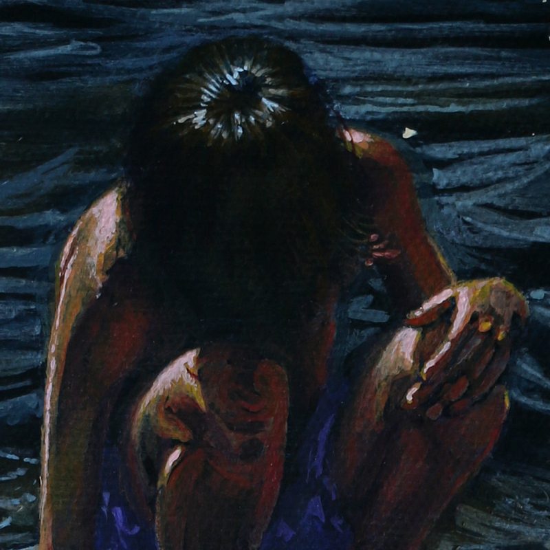 A closeup of the acrylic painting Floating on the Walls showing the boy on the rock in detail