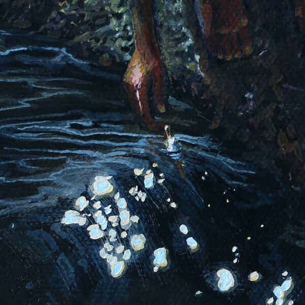 A closeup of the acrylic painting Floating on the Walls showing the boy's hand on the rock in detail