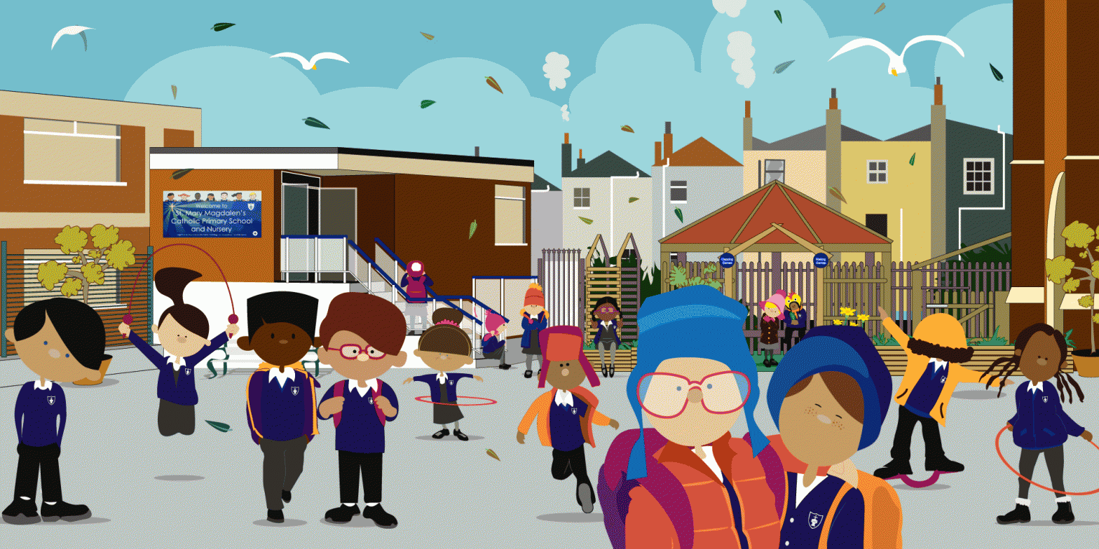 Vector Drawing of St Mary Magdalens Primary School in Autumn by Pierre Bamin