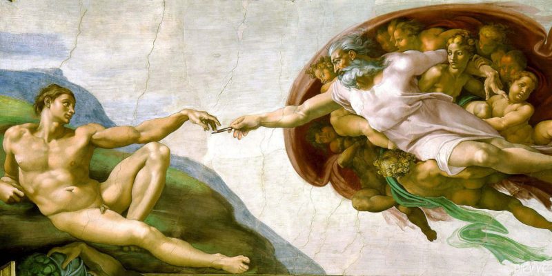 The Creation of Adam Fresco by Michelangelo adapted showing God handing Adam a pencil