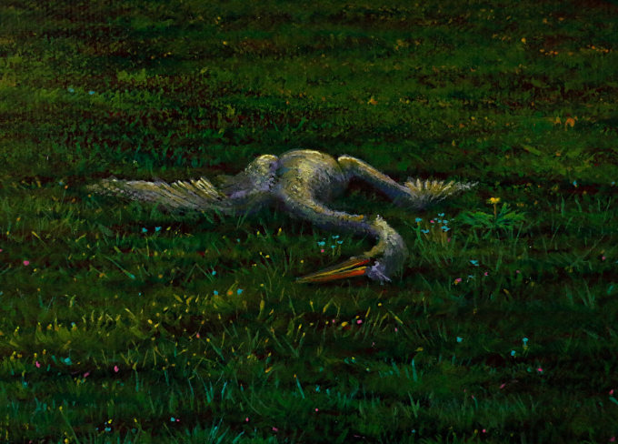 Painting showing a fallen Egret on a rugby pitch.  This is the story.