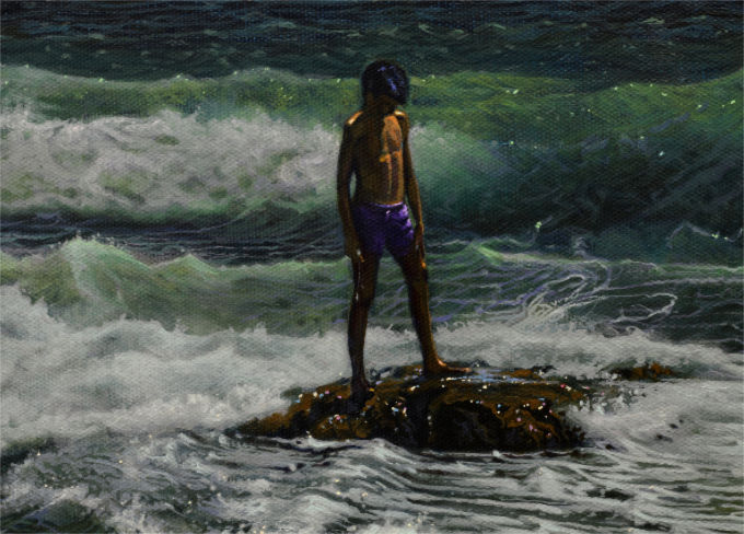 Acrylic painting of a boy standing on a rock, fishing.  From The Rock Series by Pierre Bamin