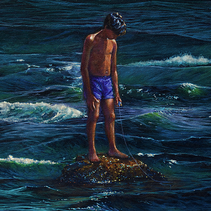 A boy stands on a rock surrounded by wild and dark water. He stands calm. Fishing.